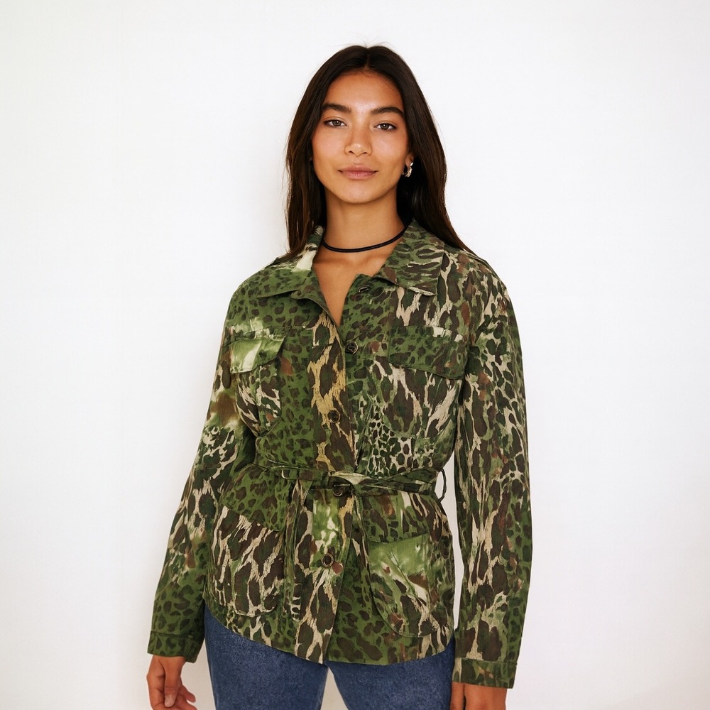 Script Green Animal Print Utility Jacket Sz 14 Womens Belted Safari‎ Style Indie